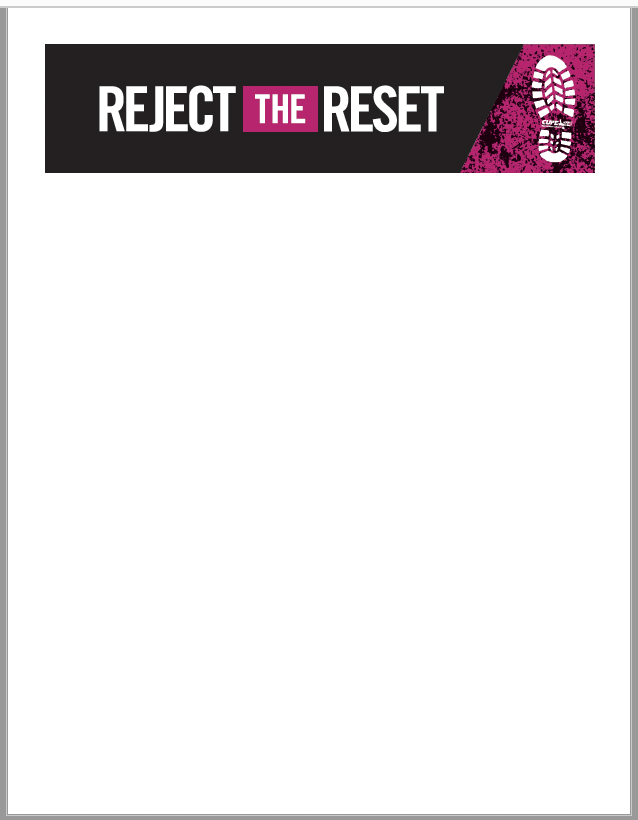 Campaign letterhead for Reject the Reset