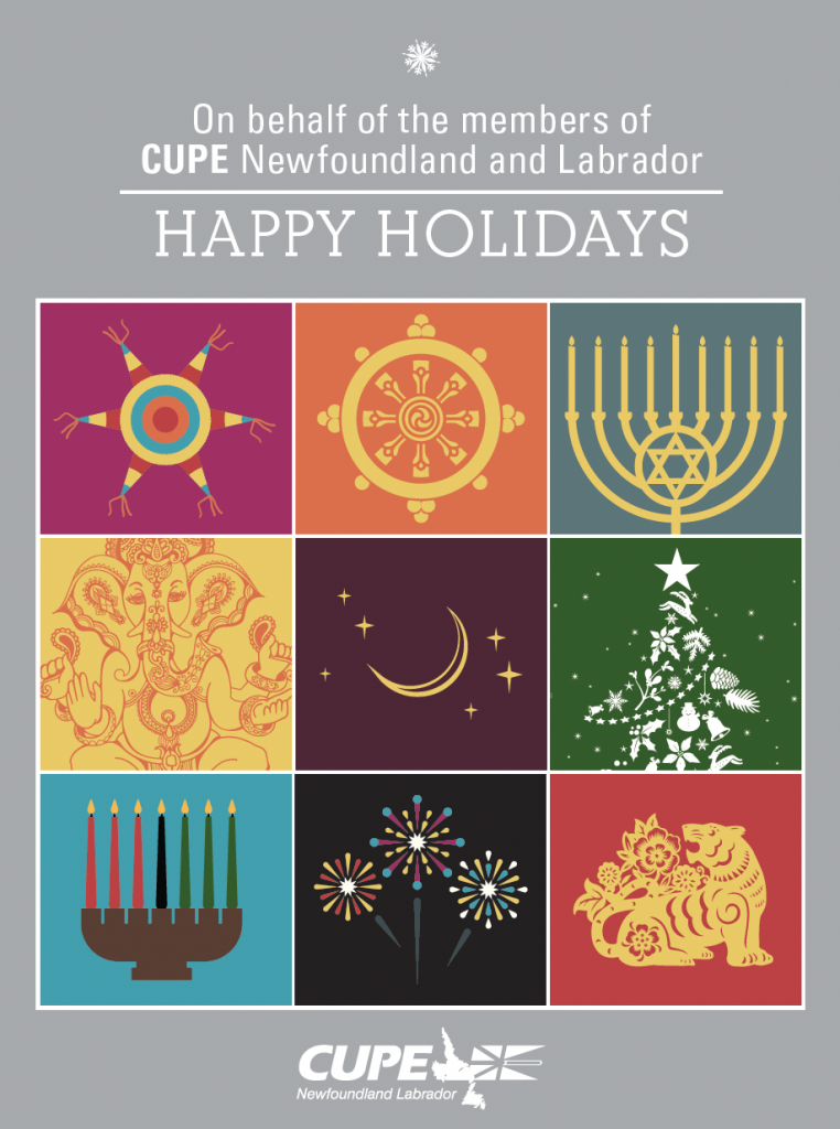 Print ad - Happy Holidays from CUPE NL. Image shows symbols from multi faiths.