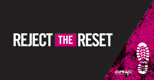 Web banner. Image of boot print and the CUPE NL logo. Text: Reject the Reset.