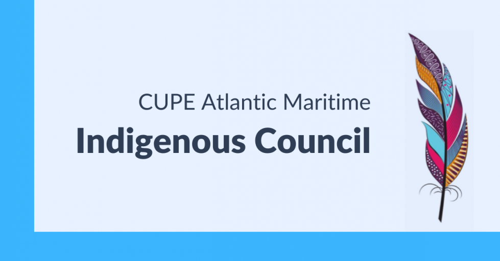 Web banner. Text: CUPE Atlantic Maritime Indigenous Council. Image: illustration of a single feather