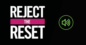 Web banner. Text: Reject the reset. Image: audio icon
