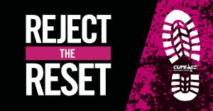 Web banner. Text: Reject the Reset. Image: Illustration of a boot print with the CUPE NL logo.