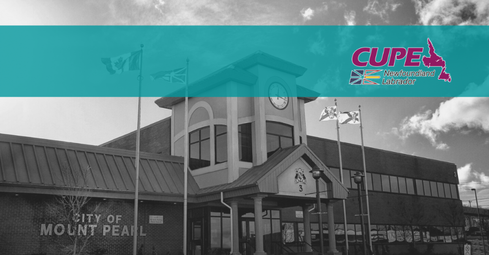 Photo of Mount Pearl city hall, with CUPE NL logo superimposed