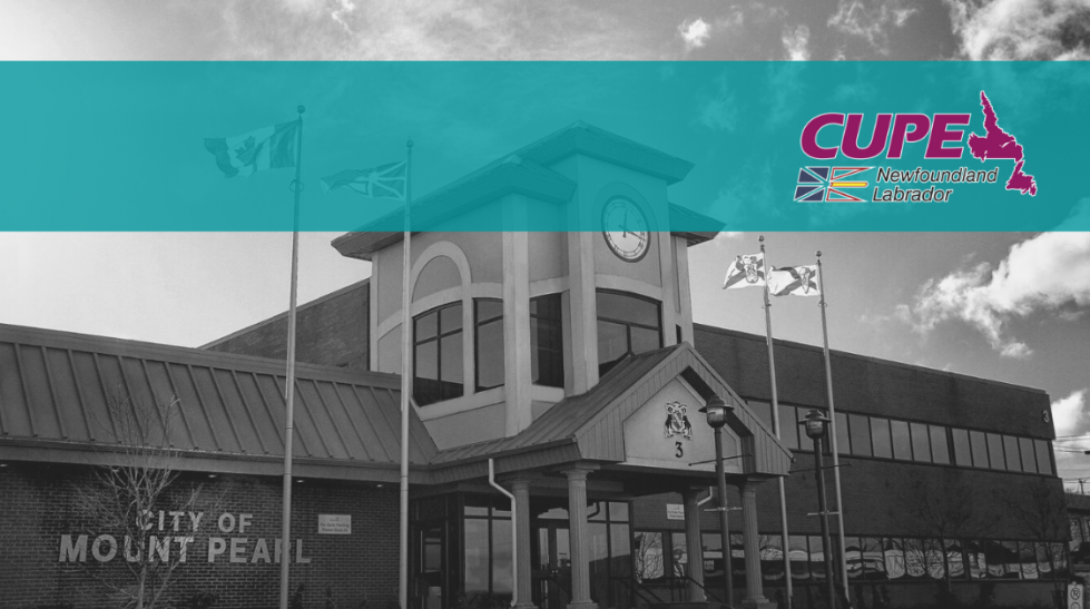 Photo of Mount Pearl city hall, with CUPE NL logo superimposed