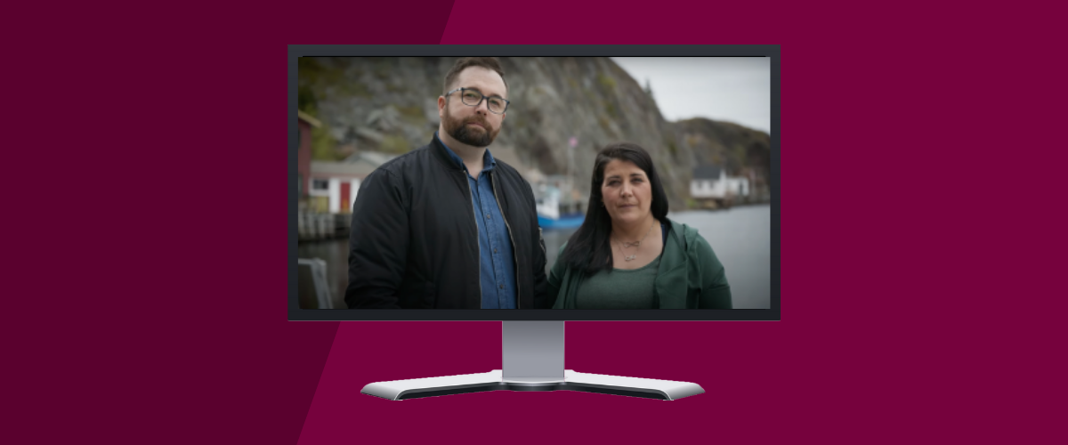 Web banner showing a TV monitor with and image of a man and a woman standing on a pier in front of Qidi Vidi harbour in St. John's, NL