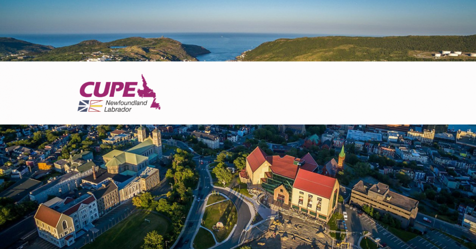 Web banner with photo of aerial view of downtown St. John's and the harbour, and the CUPE NL logo