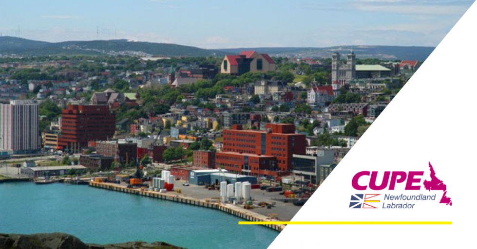 Aerial photo of downtown St. John's and the CUPE NL logo