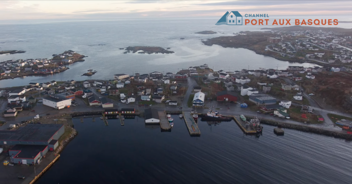 Aerial view of Channel-Port aux Basques with the town name superimposed on photo