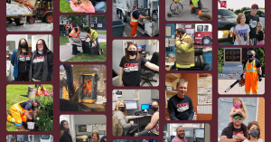 Web banner. Collage of 17 small photos of CUPE members at work and with their families.