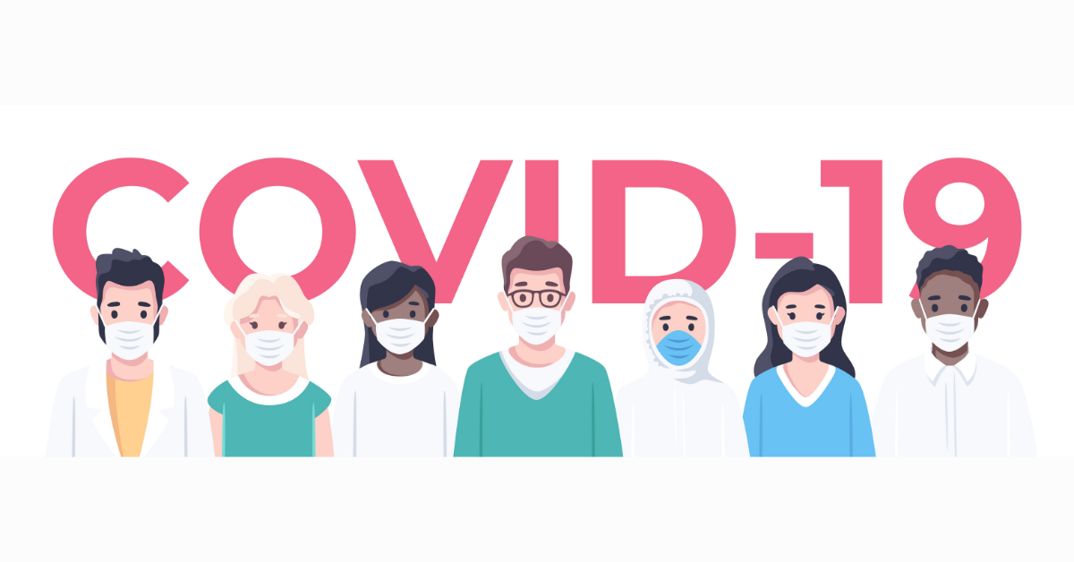 Web banner. Text: COVID. Illustration: 7 workers wearing medical masks.